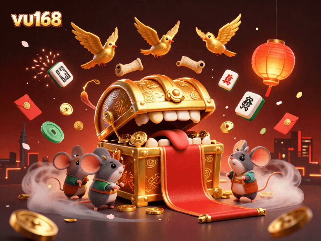 Experience the excitement at vu168 with a dynamic scene showcasing thrilling treasures, games, and festive elements.
