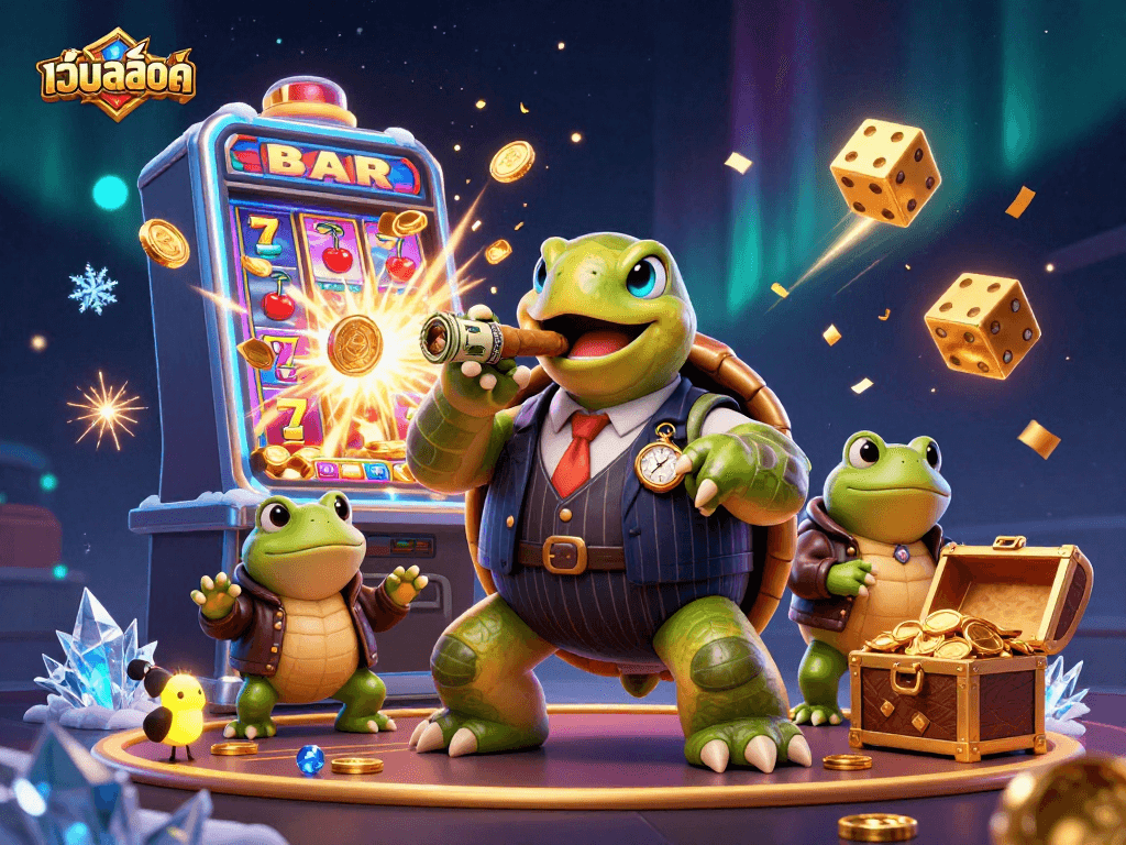 Spin the เว็บสล็อต and win big as a turtle mobster and bullfrog enforcers celebrate jackpot moments.