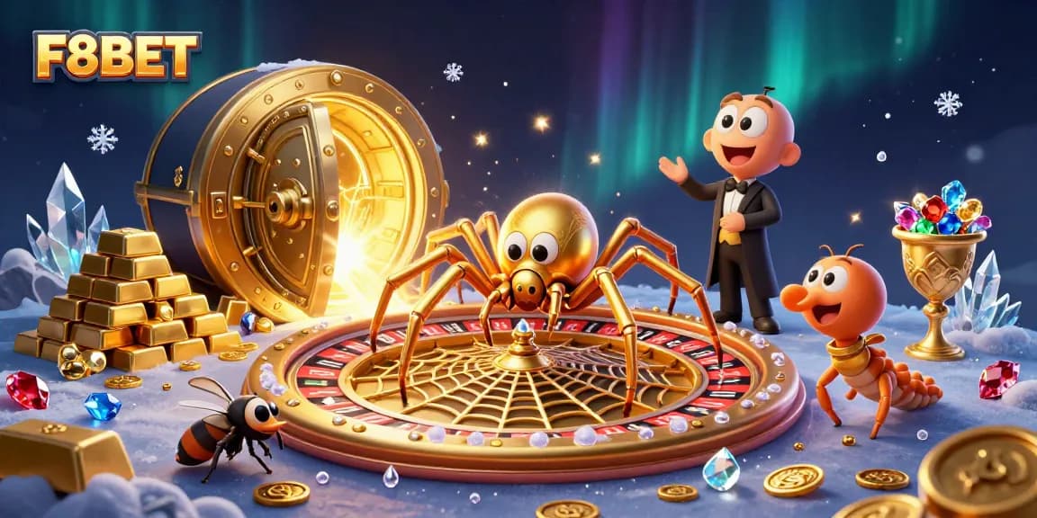Experience F8BET's thrilling casino adventure with a golden spider and dewdrop roulette.