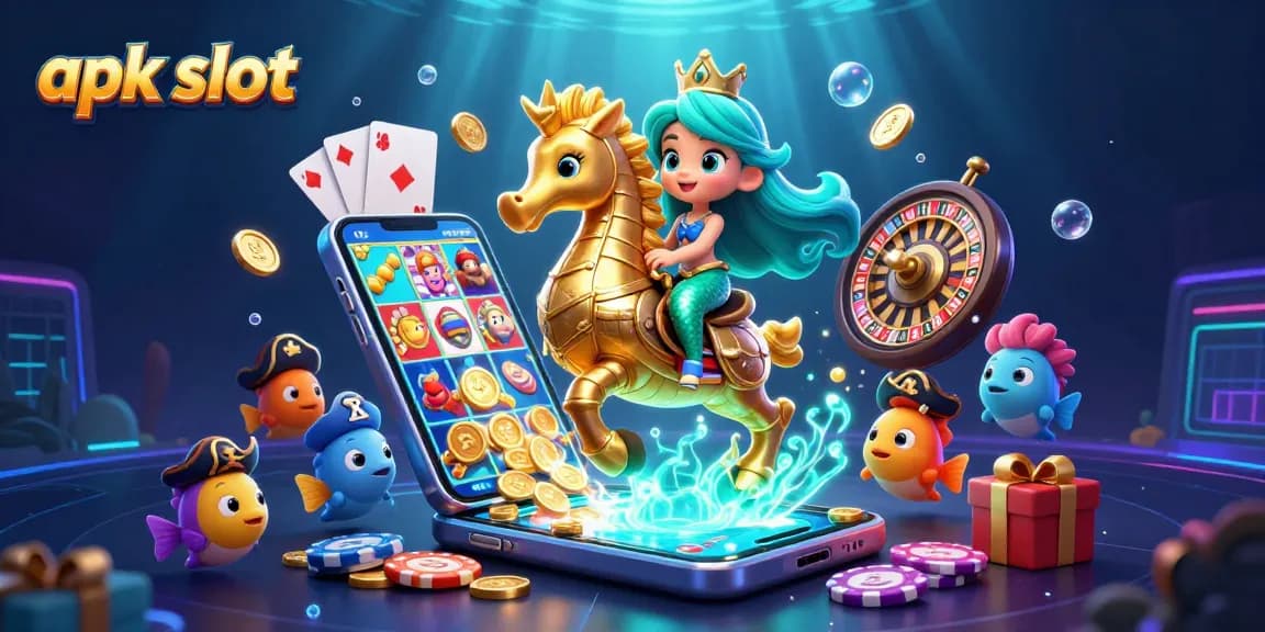 Akses apk slot yang menyenangkan dengan ilustrasi putri duyung dan seahorse, dikelilingi elemen kasino.