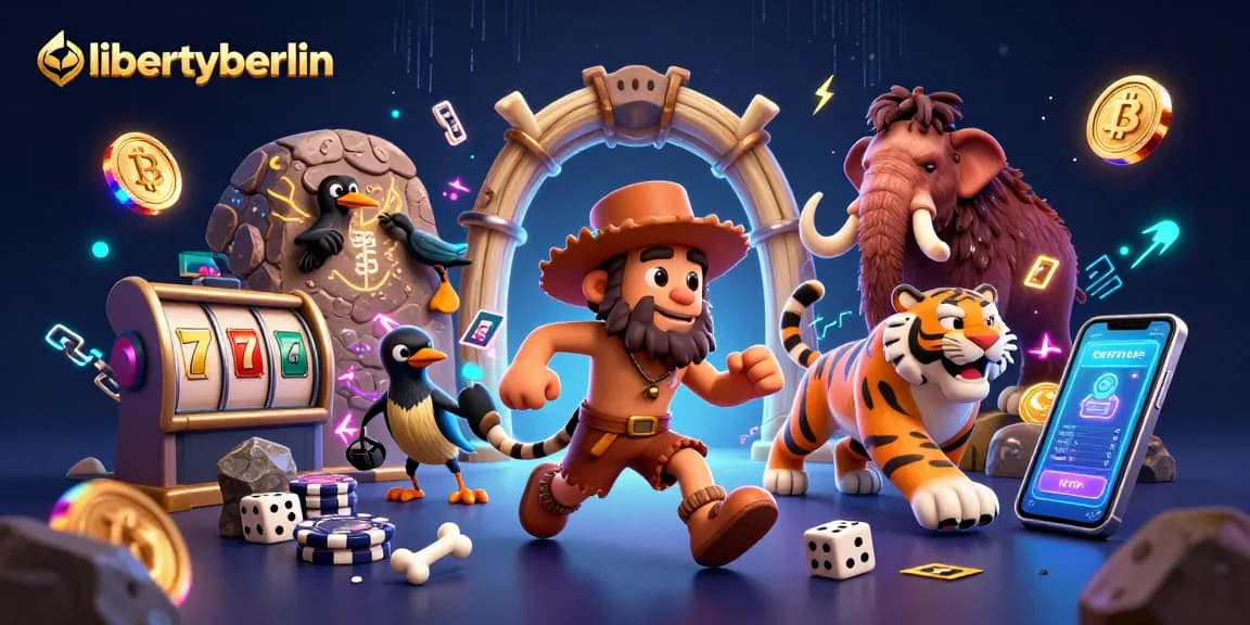 Experience slot gaming action with libertyberlin's 3D cartoon caveman and sabertooth duo in a vibrant casino setting.