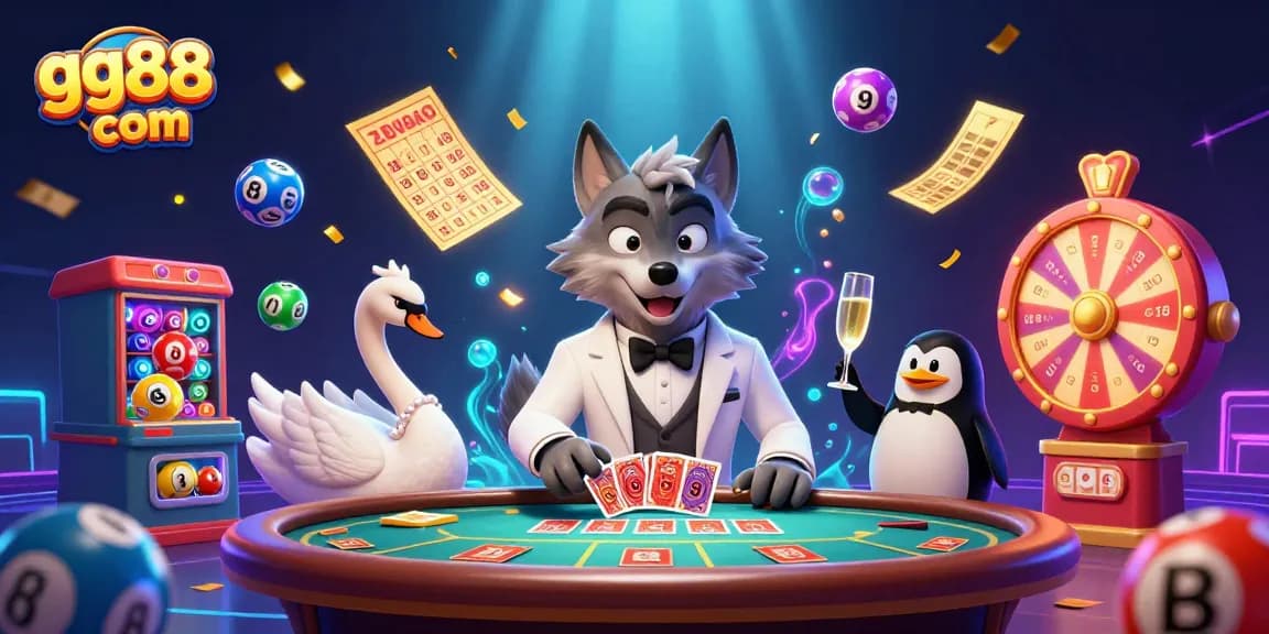 Engage in thrilling gameplay at gg88 com with a debonair wolf and friends at a vibrant casino scene.
