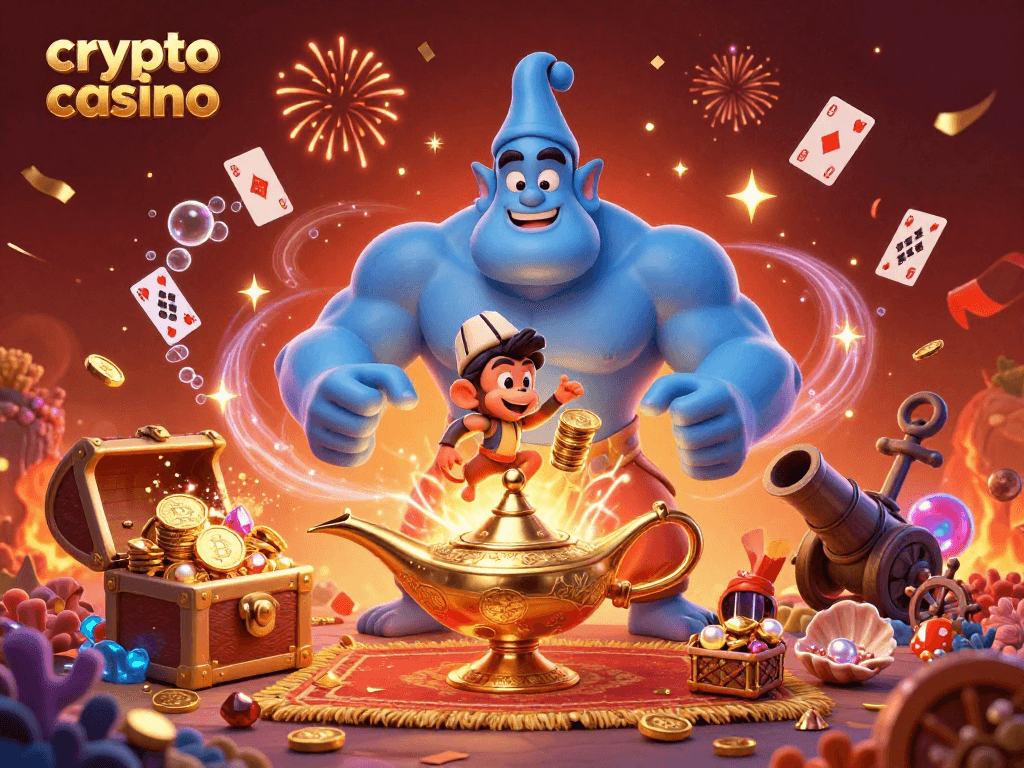 Experience the magic of a crypto casino with colorful coins, a genie, and a carpet of winnings.