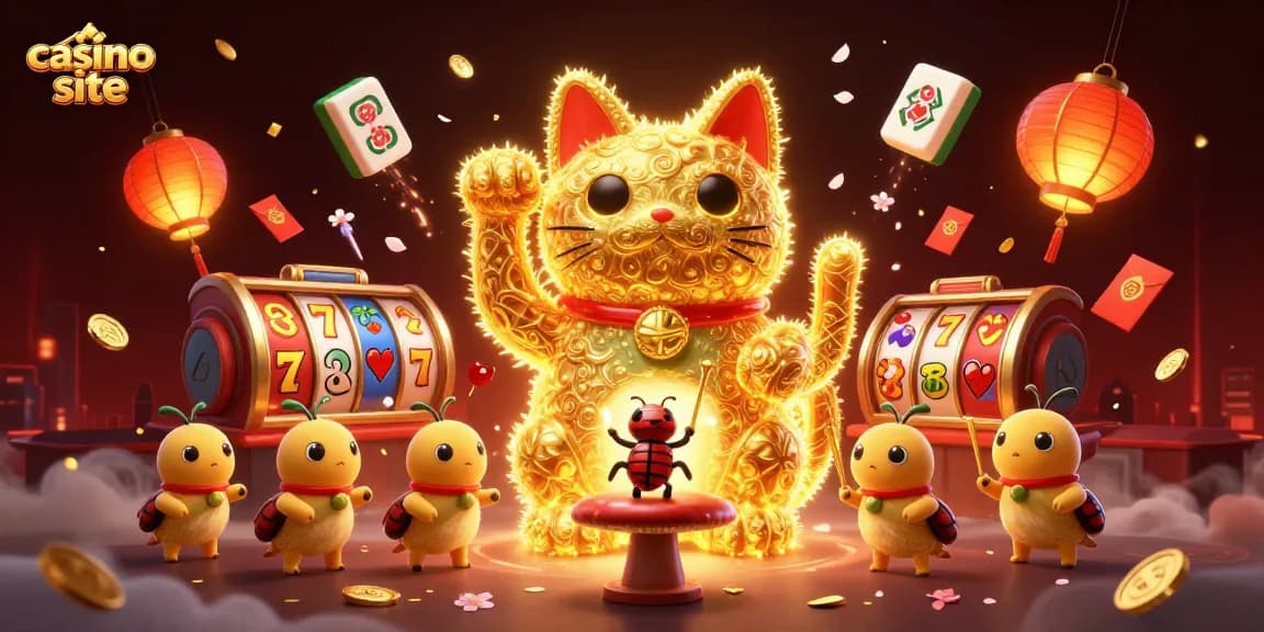 Engage with the casino site visuals featuring a lucky cat, slot reels, and festive decor
