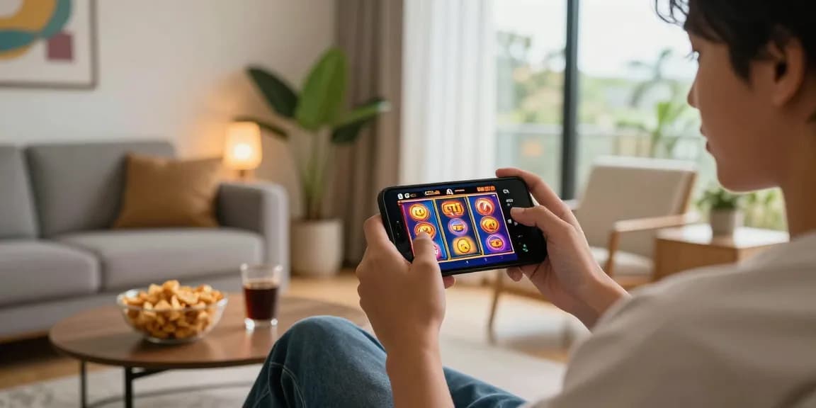 Pengguna menikmati permainan slot gacor di smartphone dengan suasana ruang tamu yang modern.