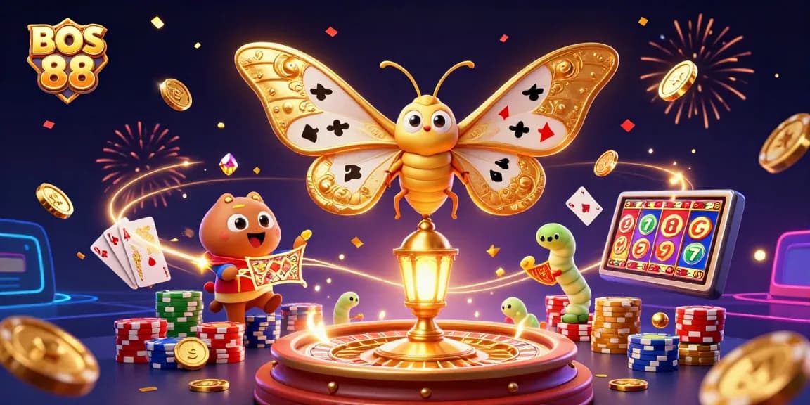 BOS 88 menghadirkan ilustrasi kasino yang menampilkan slot online menarik dengan elemen judi lainnya.