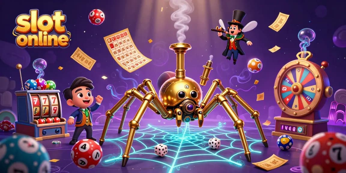 Spin to win at slot online with a 3D steampunk spider and vibrant casino elements surrounding a web of excitement.