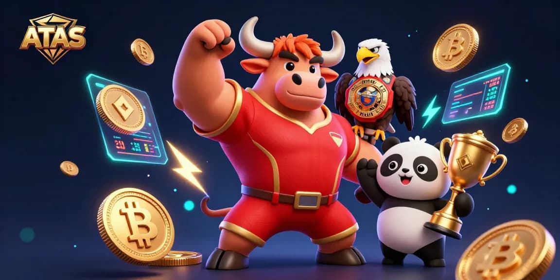 Engage with ATAS casino featuring a bull mascot, trophy panda, and eagle champion in a dynamic gaming scene.