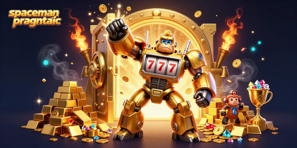 Engage with spaceman pragmatic for exciting slot gameplay featuring dynamic golden gorilla mech and treasure.