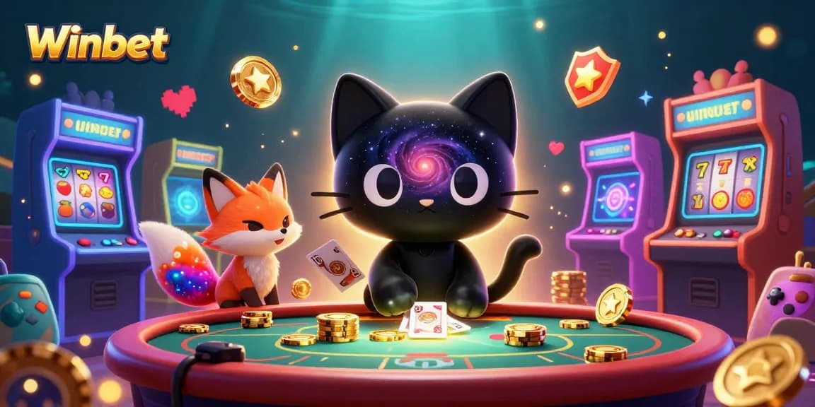 Winbet attracts gamblers with captivating cosmic casino illustration featuring a black hole cat pulling in golden chips and cards.