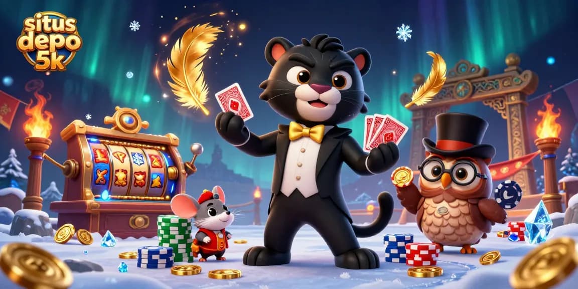 Experience the excitement at situs depo 5k with stylish characters and vibrant slot reels in this captivating casino scene.