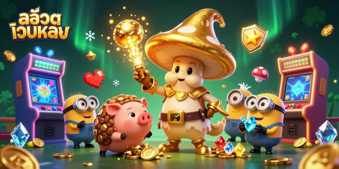 Experience the thrills of สล็อตเว็บตรง with golden wizard and treasures in a vibrant 3D casino illustration.