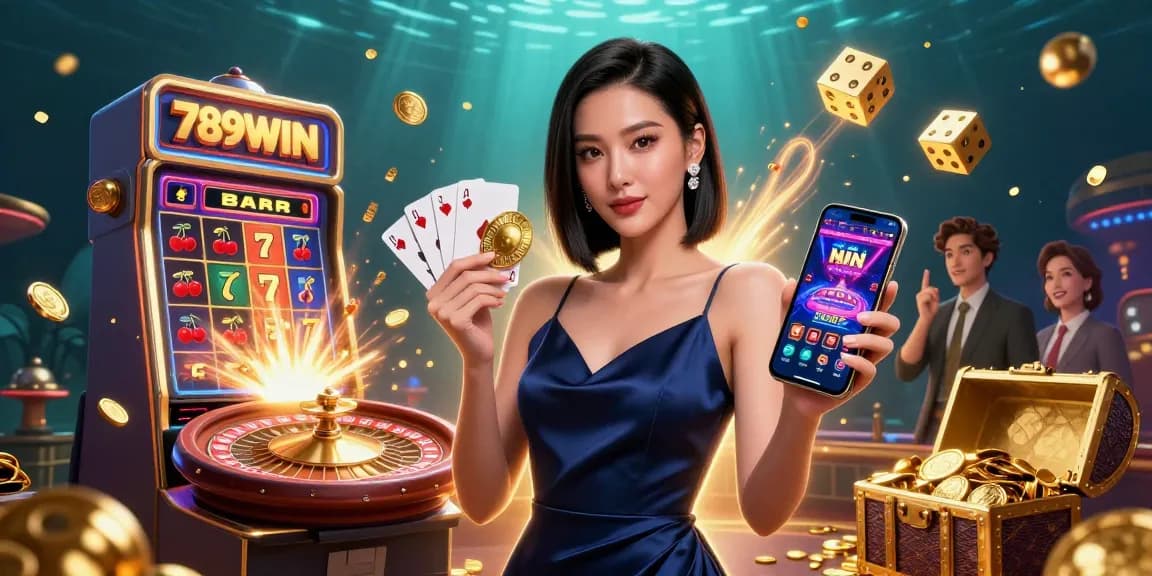 Experience thrilling wins with 789WIN in a dynamic casino scene featuring an Asian woman and vibrant gaming elements.