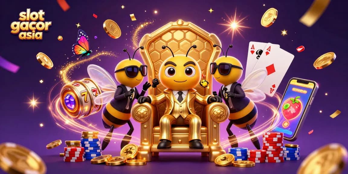 Menangkan slot gacor asia dengan suasana kasino yang meriah, dikelilingi koin emas dan permainan yang seru.