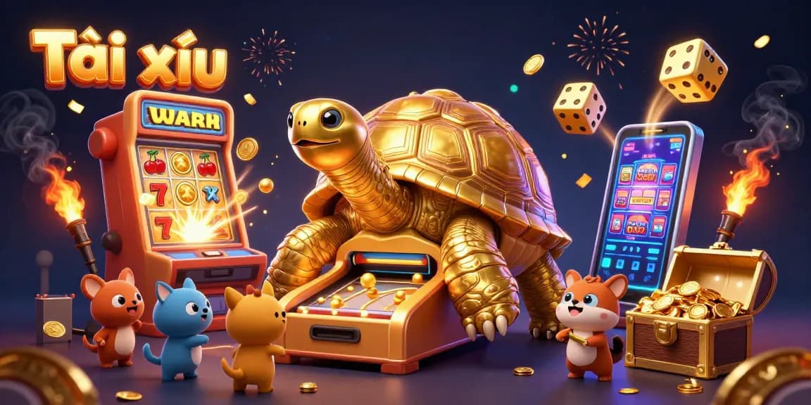 Tài xỉu game scene showcasing a golden tortoise pinball machine with excited players and dynamic casino elements.