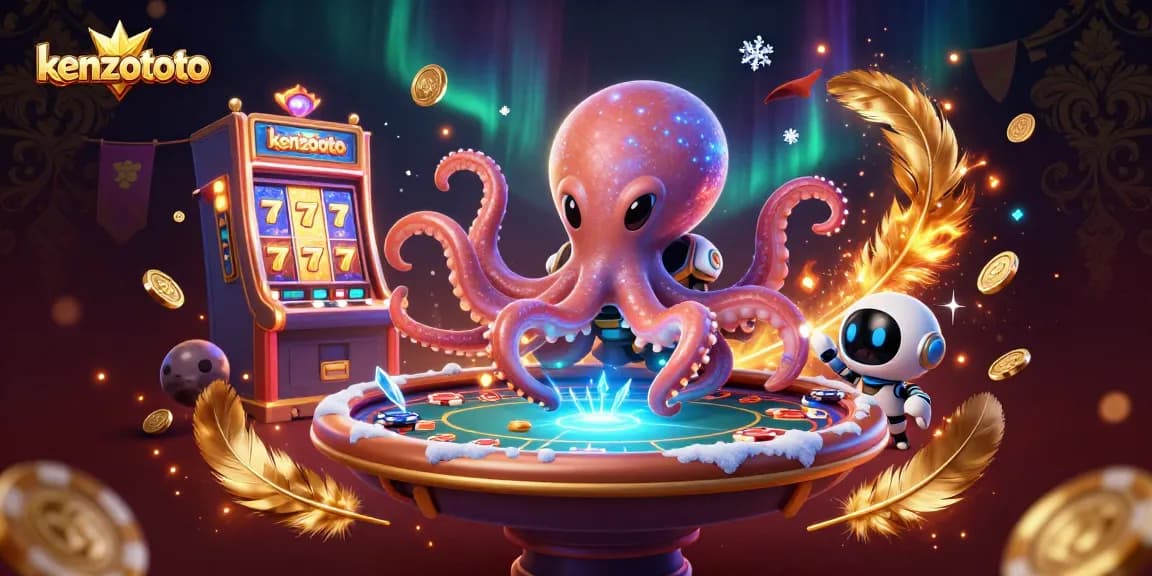 Kenzototo showcases a vibrant 3D casino scene with an alien octopus and holographic poker table, embodying excitement.