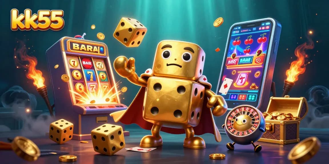 kk55 reveals thrilling casino action with golden dice and jackpot excitement in a vibrant scene.