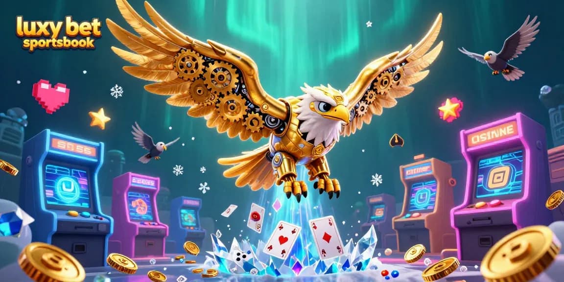 Experience the excitement at luxy bet sportsbook with a dynamic scene of a golden eagle and holographic games.