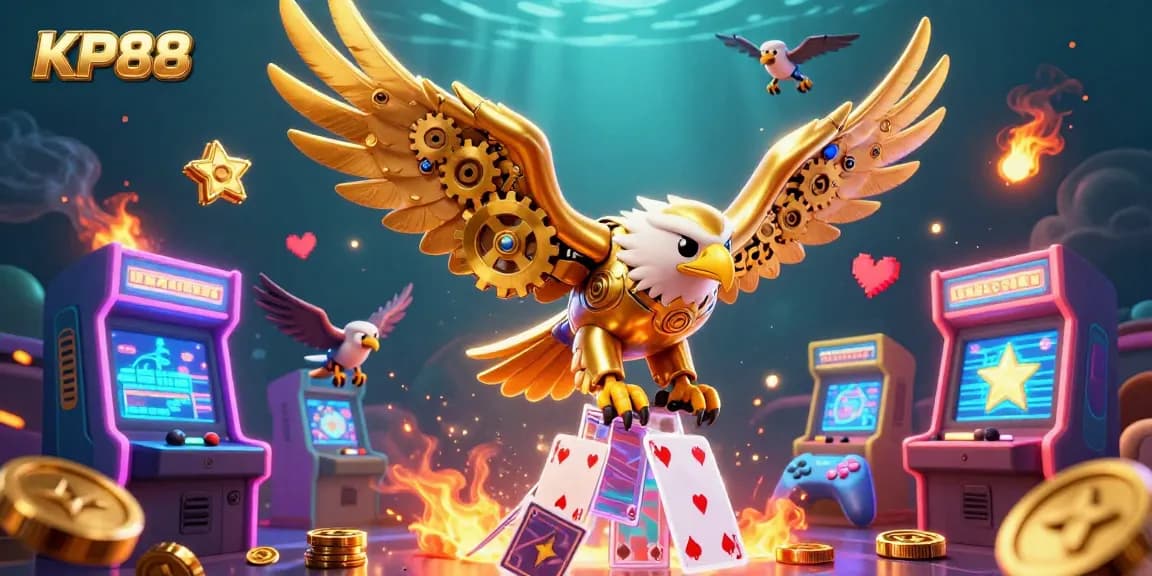 Experience the excitement of KP88's vibrant casino scene with golden eagle characters and dynamic gaming elements.