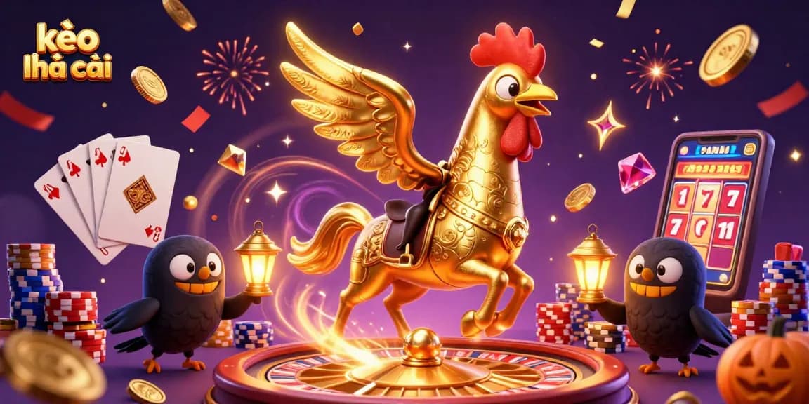 Engage in thrilling kèo nhà cái excitement with a golden rooster and casino action.