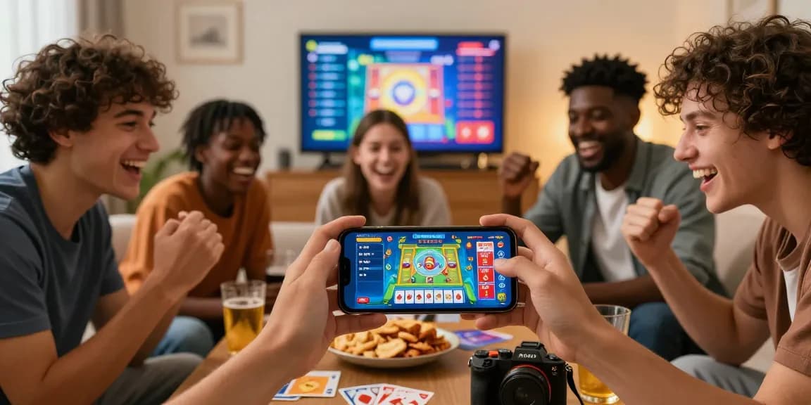 Friends enjoying 3 Patti Blue app gameplay, excited to win big in vibrant home atmosphere.