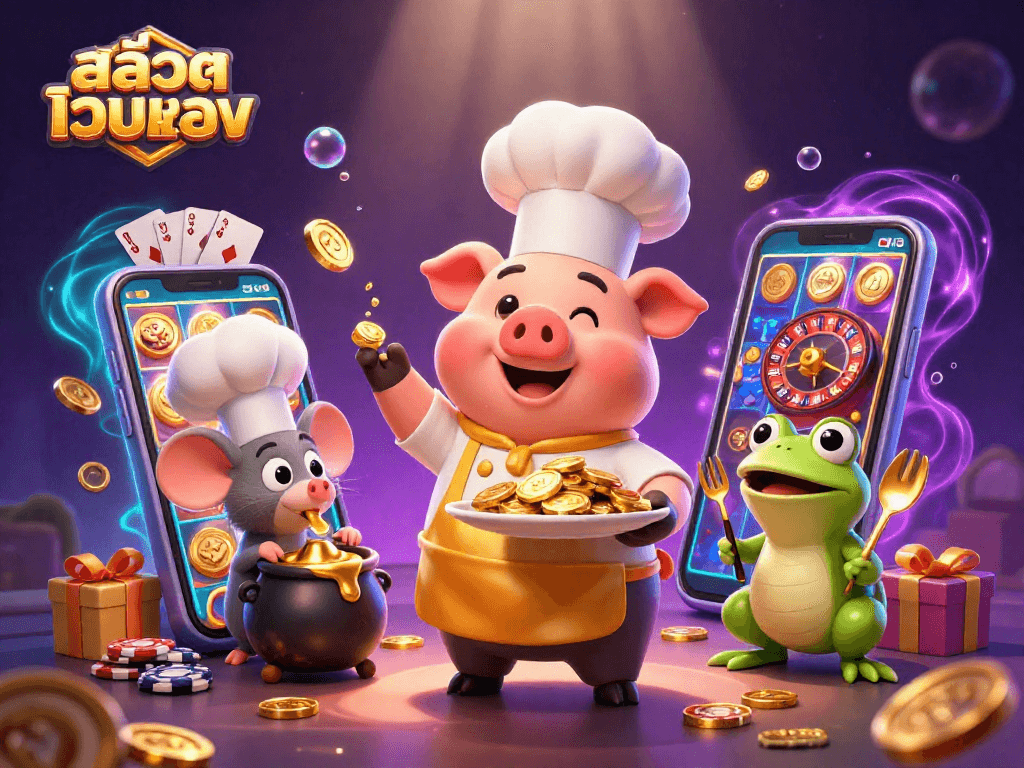 Engage with สล็อตเว็บตรง as a chef pig serves golden coins in a vibrant casino scene.