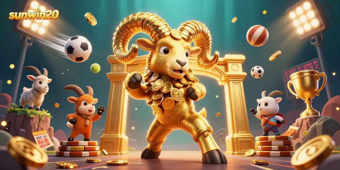 Bet on sunwin20 with energetic characters, vibrant coins, and dynamic sports elements creating an engaging atmosphere.