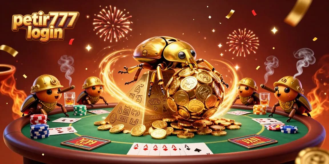Experience the excitement of petir777 login with a vibrant casino-themed 3D illustration filled with playful characters and elements.