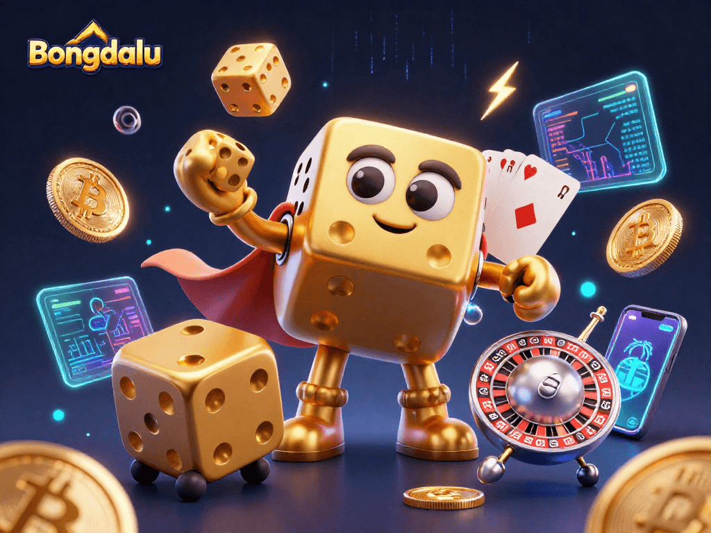 Bongdalu's 3D illustration features a dynamic scene with a golden dice golem and crypto-themed elements.
