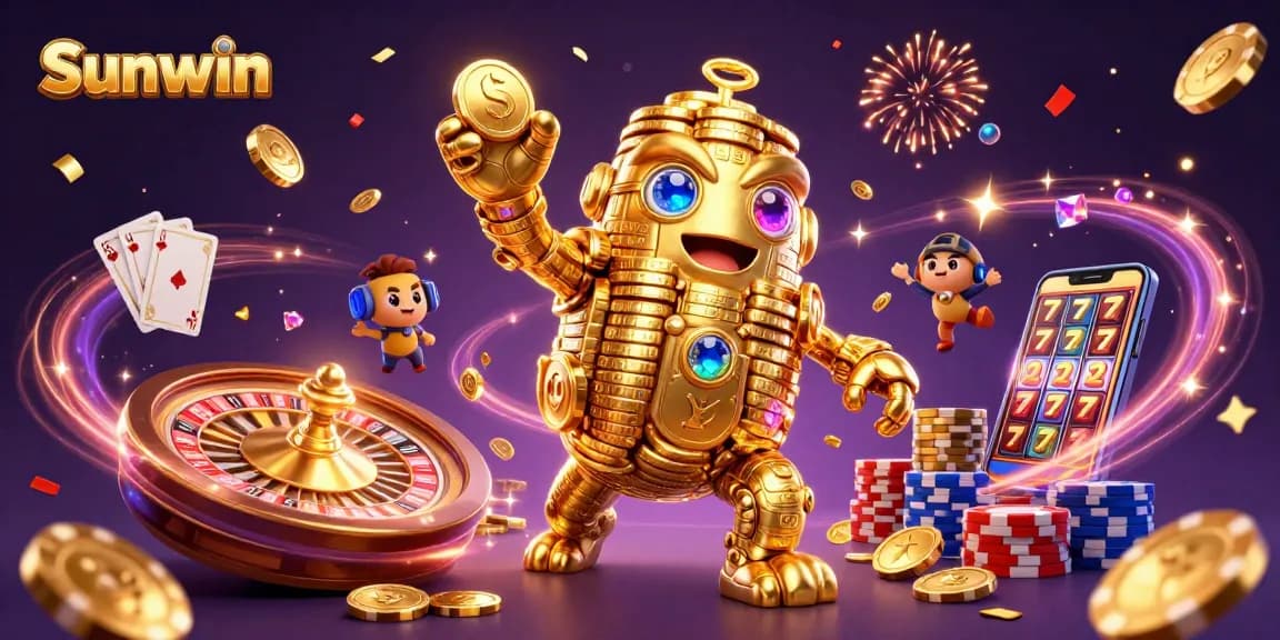 Play exciting games at Sunwin with a golden golem surrounded by casino treasures.