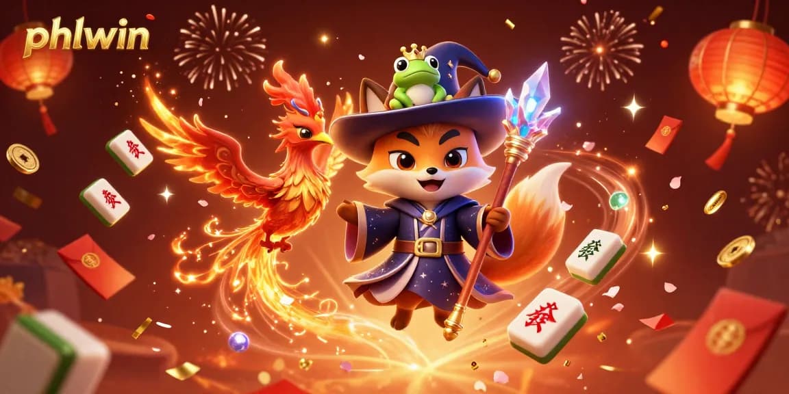 Experience the excitement of phlwin with a mystical wizard fox and phoenix surrounded by dazzling casino elements.