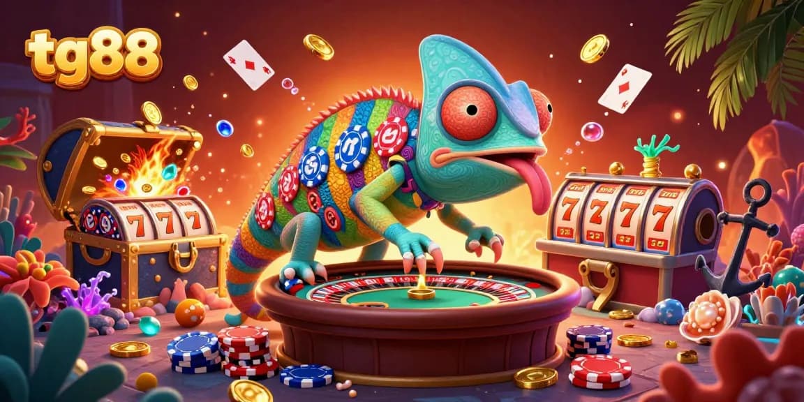 Engage with tg88: A vibrant casino scene featuring a chameleon owner and explosive winning elements, perfect for gamblers.