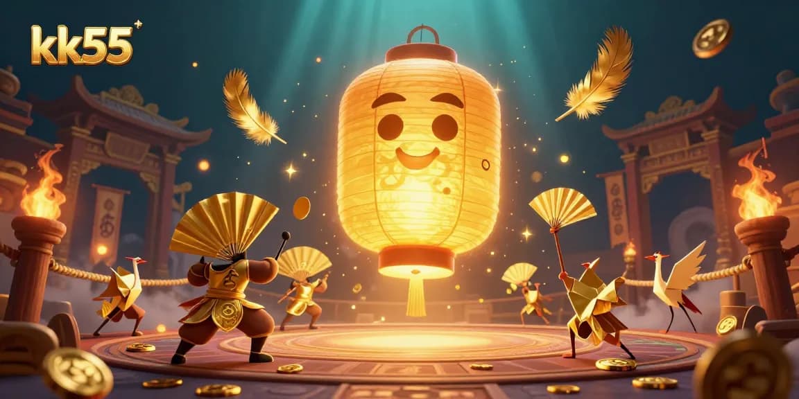 kk55 captures the spirit of the night market casino with golden lanterns and warriors in action.