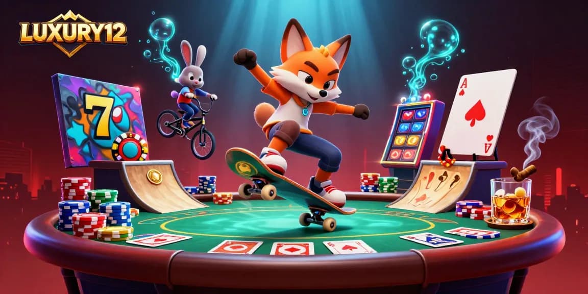 LUXURY12 showcases a vibrant scene with a skateboarder fox and BMX-riding rabbit in an animated casino setting.