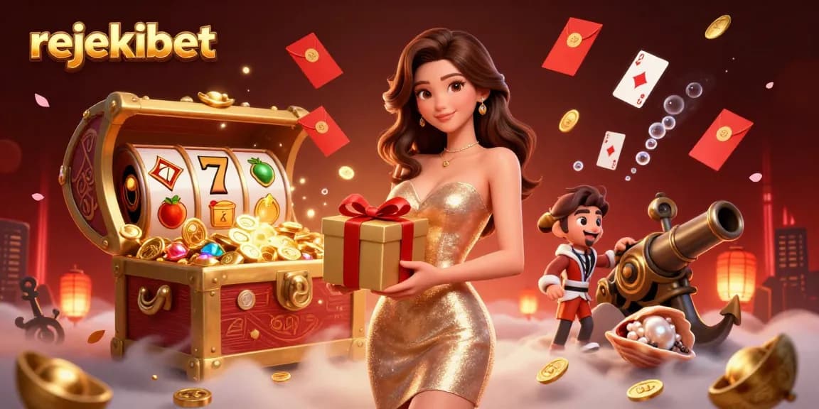 Experience winning with rejekibet as a glamorous woman holds a gift box of coins in a lively casino.