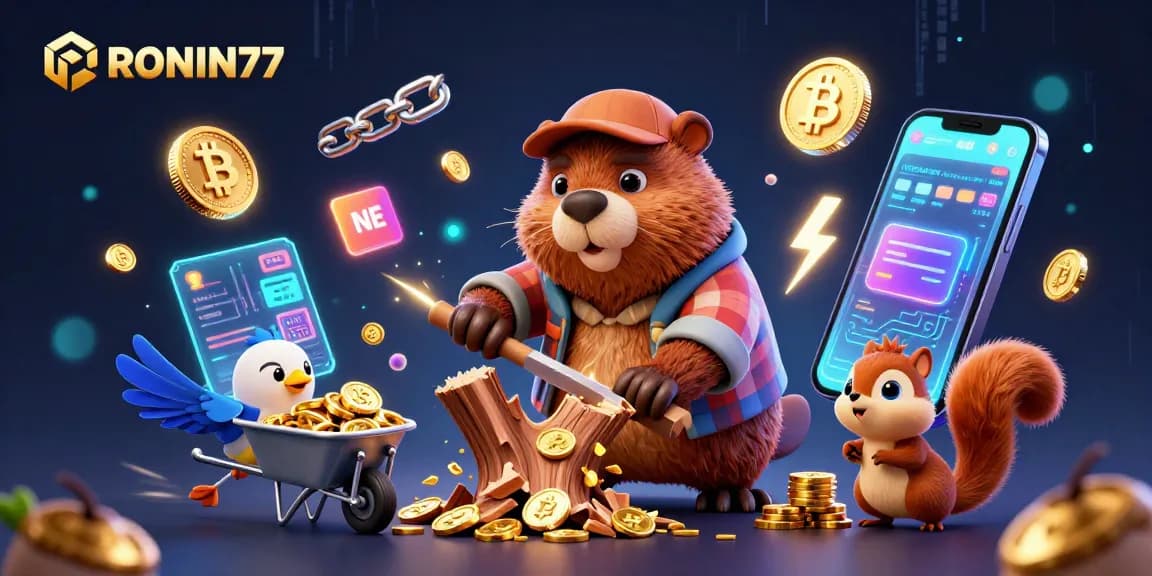 Spin and win with RONIN77's vibrant online gaming scene filled with golden coins and crypto elements.