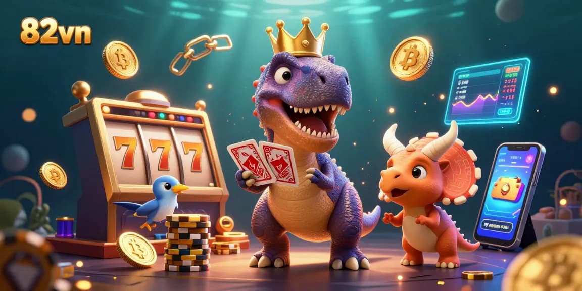 Engaging scene showcasing 82vn's T-Rex dealer with cards, vibrant casino elements, and neon crypto coins.