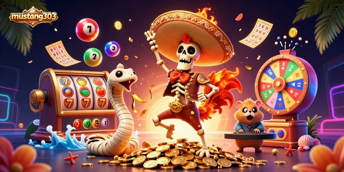 Engage with mustang303's vibrant casino scene featuring animated characters and dynamic gaming elements.