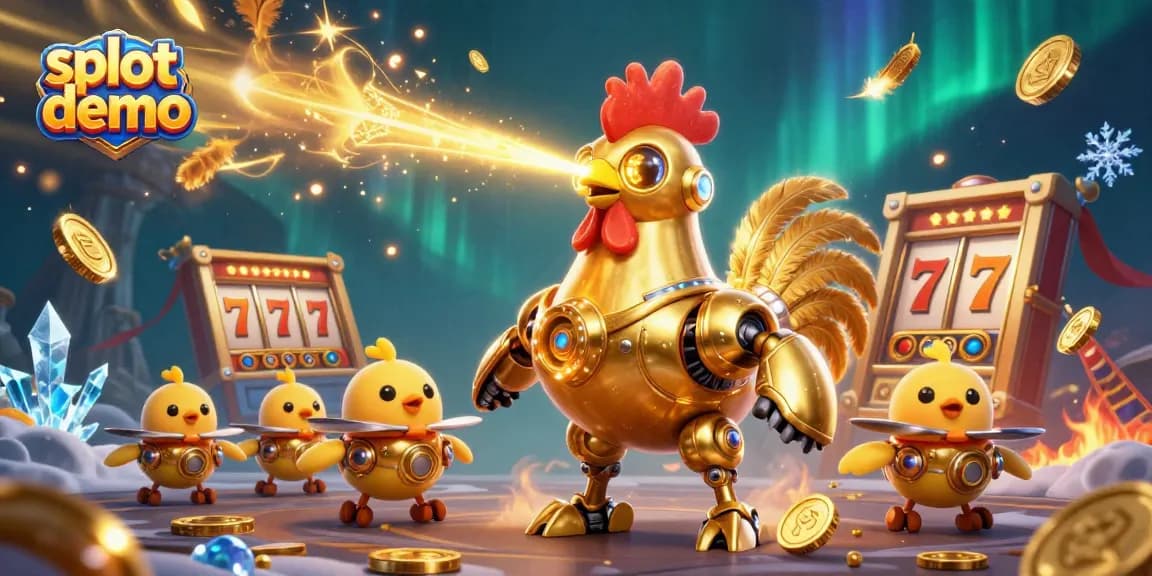 Spin vibrant slot demo reels with a golden rooster robot and chick drones in a casino scene.