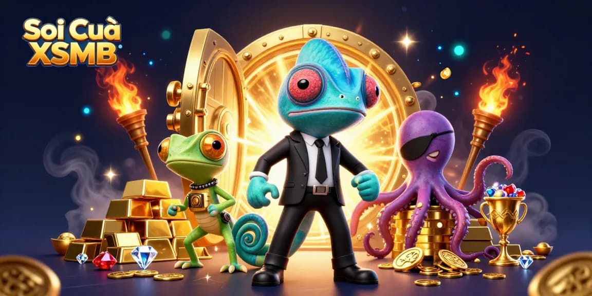 Soi Cầu XSMB reveals winning strategies with a colorful scene of cartoon characters and gold treasures.