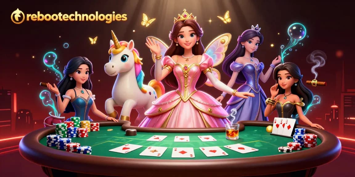 Engage in thrilling poker at reboottechnologies with colorful chips and an elegant woman featuring a golden unicorn.