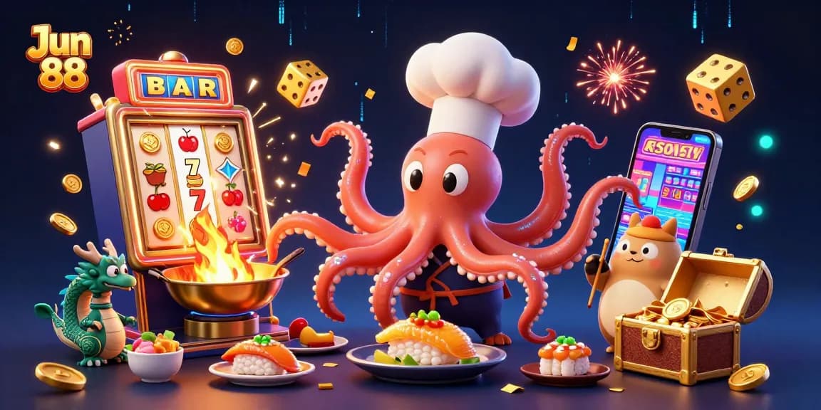 Experience Jun 88 with an exciting scene of a sushi chef octopus and friends celebrating at the casino.