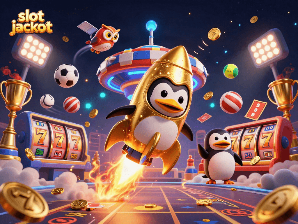 Experience the excitement of slot jackpots with a golden penguin blasting coins in a vibrant 3D illustration.