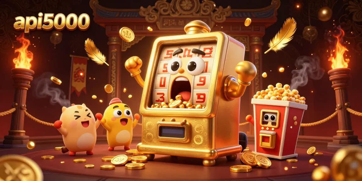 Bermain api5000 dengan mesin slot emas yang senang terbawa suasana jackpot dikelilingi lokasi meriah.