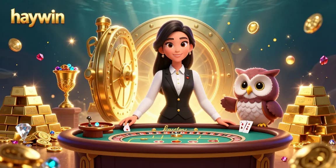 Enjoy thrilling gaming excitement at Haywin with a stylish baccarat dealer and vibrant treasures.