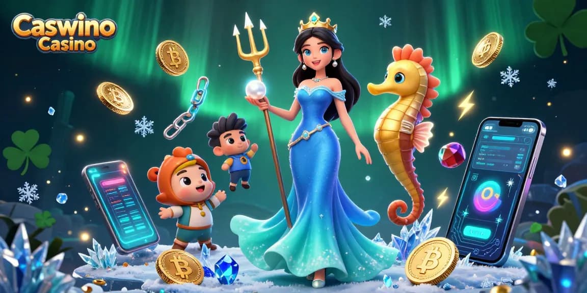Experience the excitement of Caswino Casino with a dynamic digital illustration featuring a woman and seahorse king amidst floating treasures.