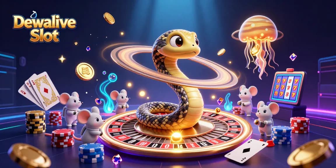 Dewalive Slot engaging players in a cosmic casino with animated roulette wheels and vibrant gaming elements.