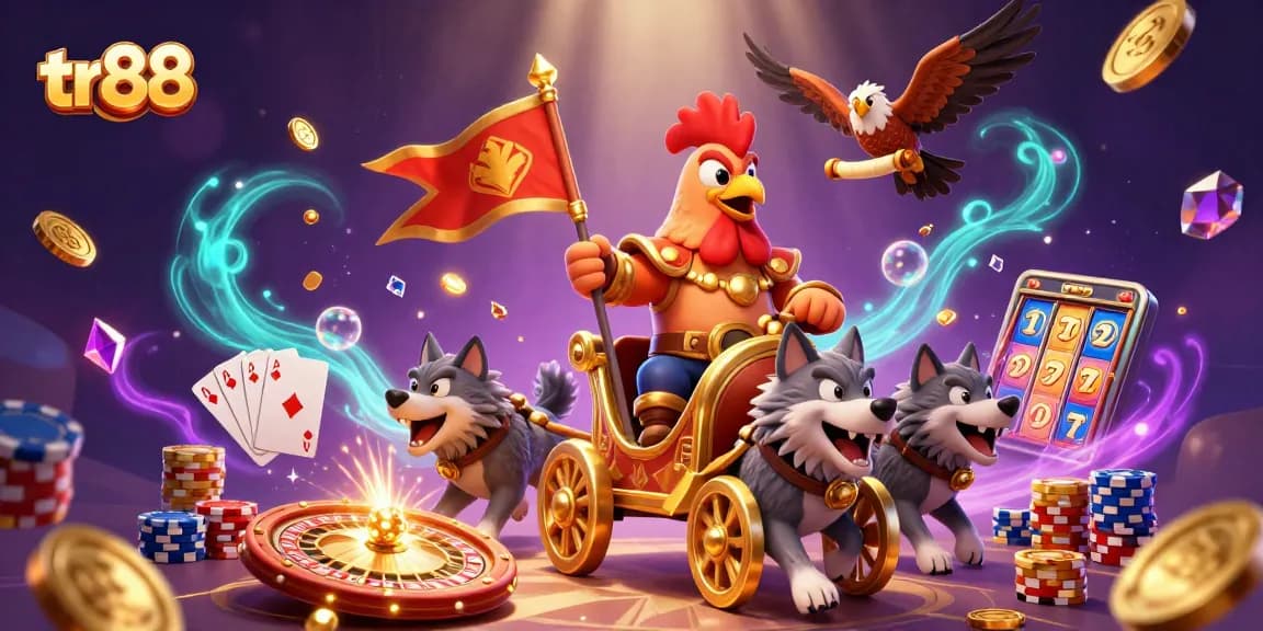 Experience thrilling gameplay with tr88 featuring a 3D rooster warlord amidst vibrant casino elements.