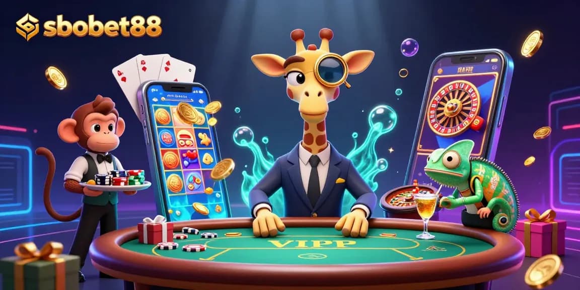Experience sbobet88 with a 3D giraffe high-roller at an exhilarating casino scene.