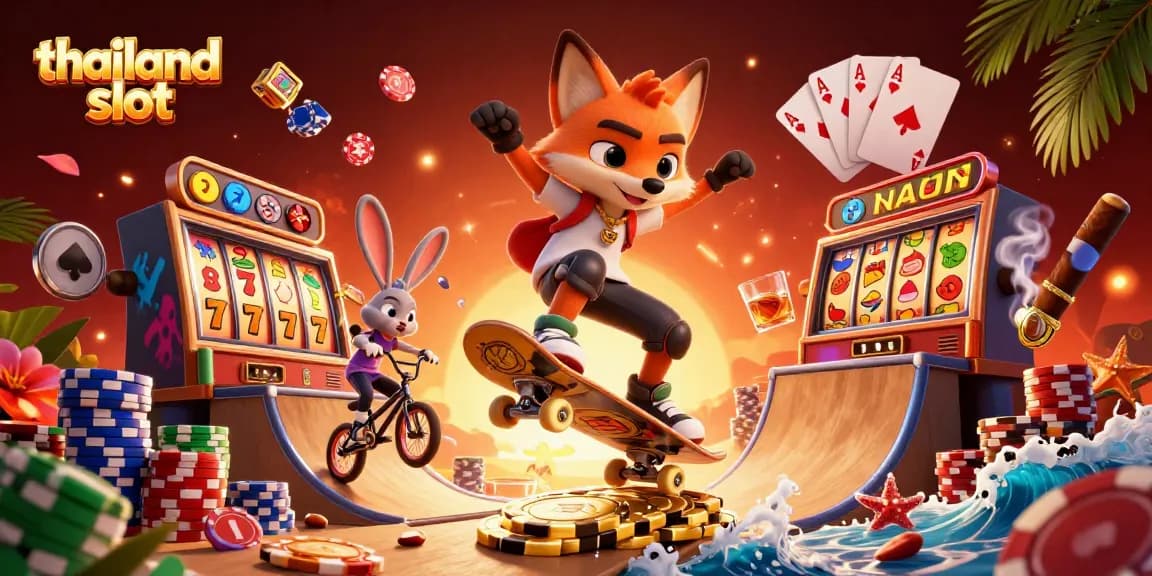 Experience thrilling action with the thailand slot as a fox kicks off a golden poker chip ramp.